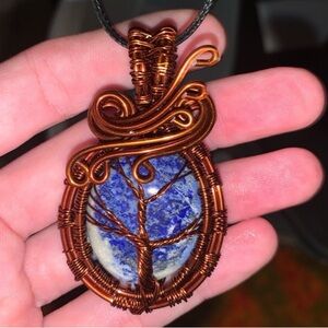 Lapis Lazuli wire wrapped crystal pendant tree of life